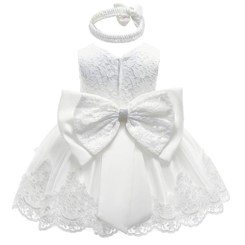 HIHCBF Baby Girls 1st/2nd Birthday Christening Dress Princess Bowknot Flower Lace Dresses Wedding Baptism Tutu Ball Gown White 12-18M